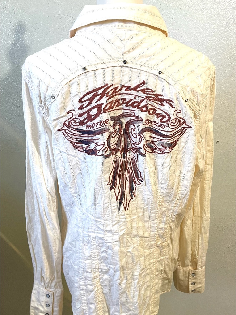 Harley Davidson Cream Embroidered Wings Pearl Snap Shirt Western Biker Boho Cott